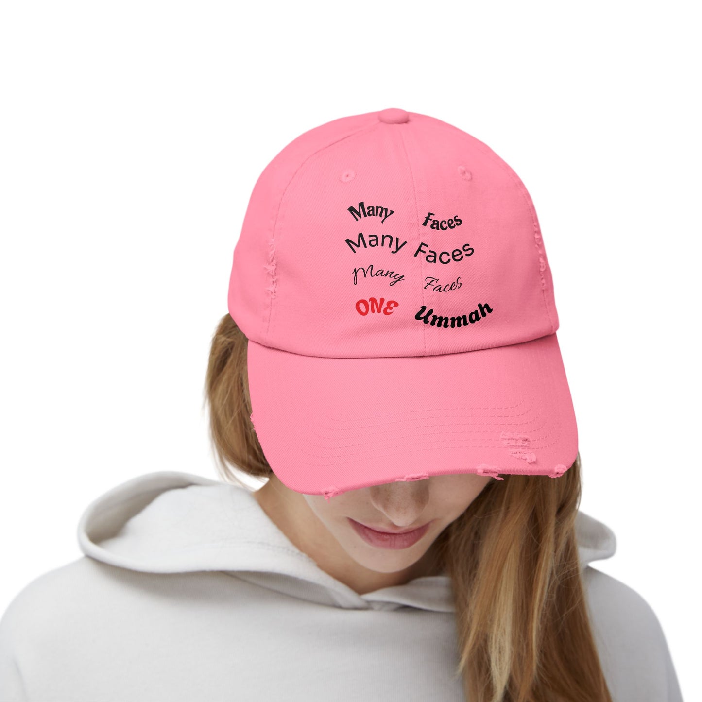 Unisex Distressed Cap with Inspirational Design - Many Faces, One Ummah