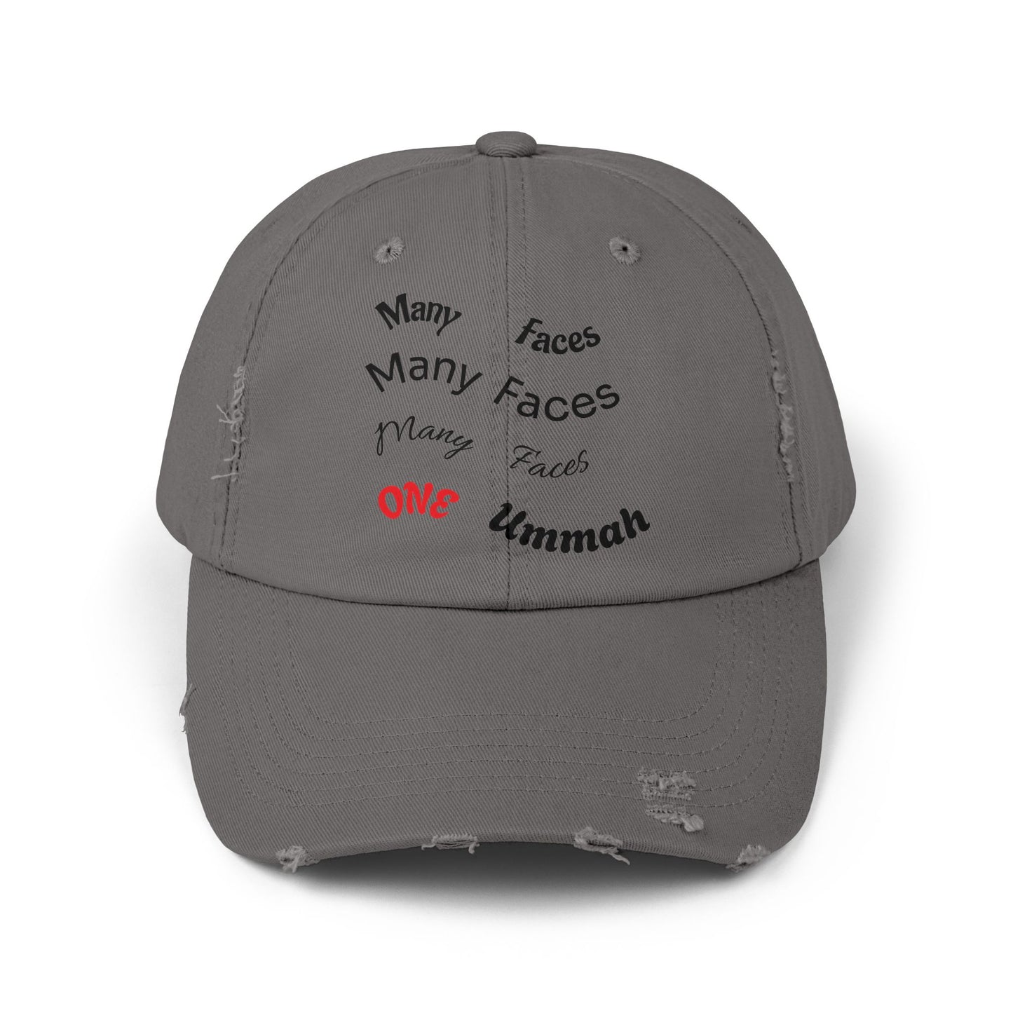 Unisex Distressed Cap with Inspirational Design - Many Faces, One Ummah