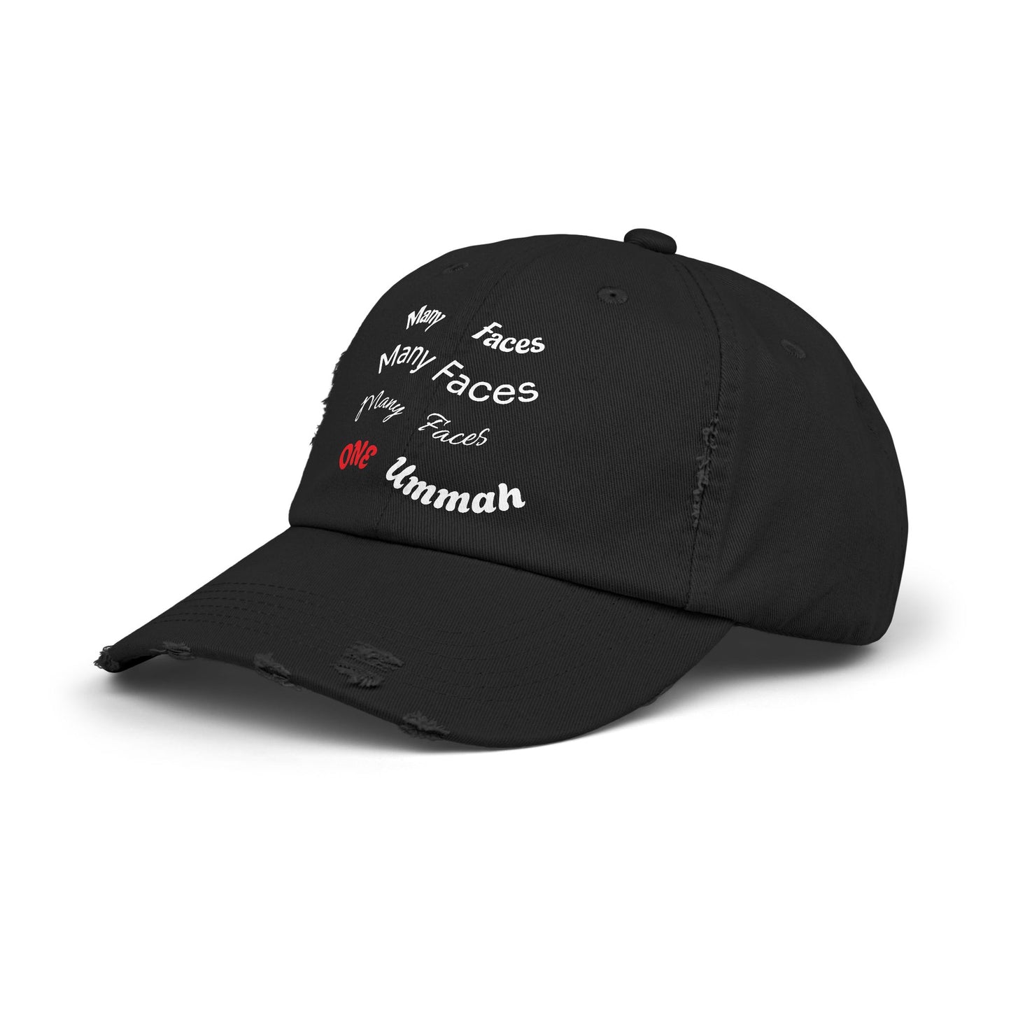 Unisex Distressed Cap with Inspirational Design - Many Faces, One Ummah