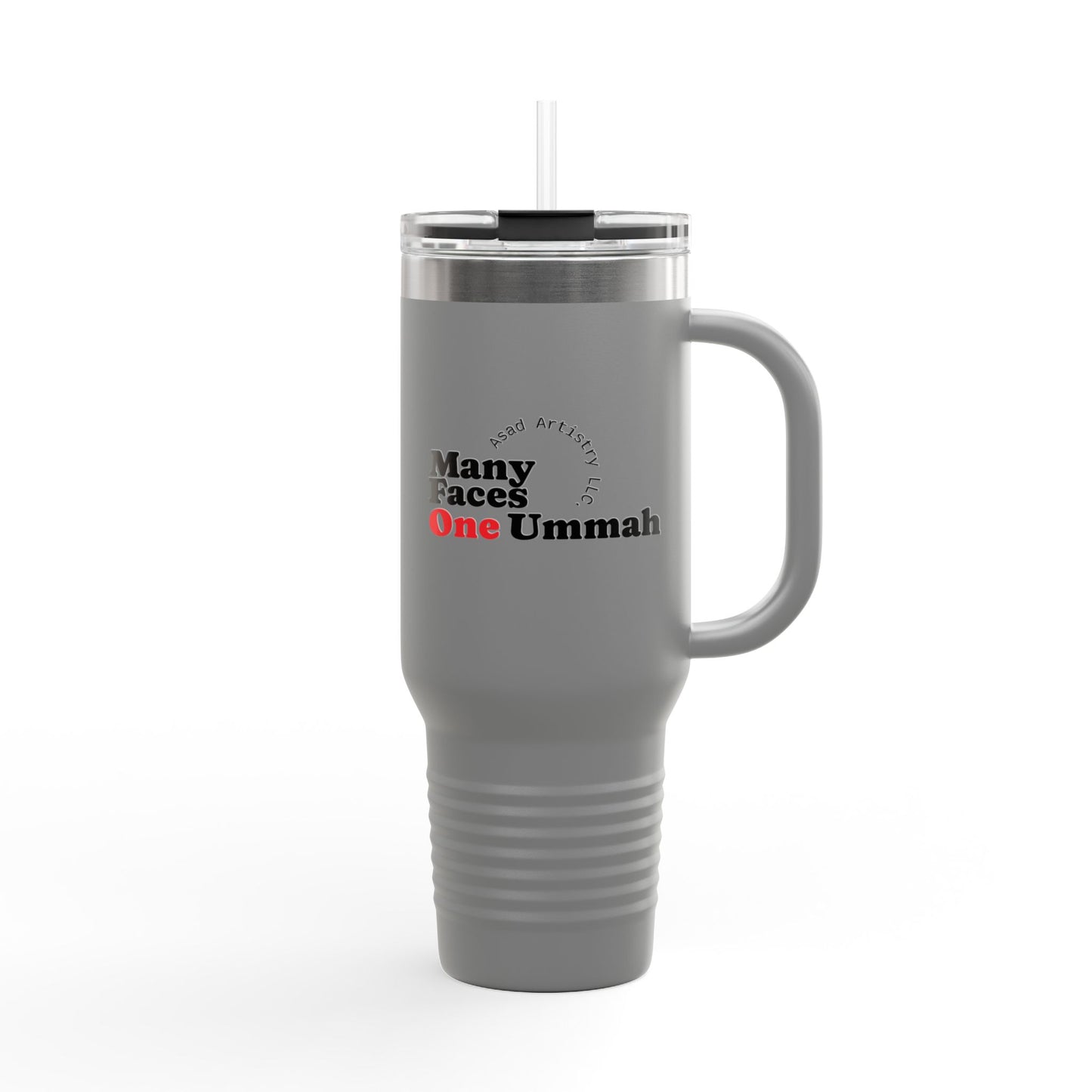 Many Faces One Ummah-Insulated Travel Mug w/blk letter