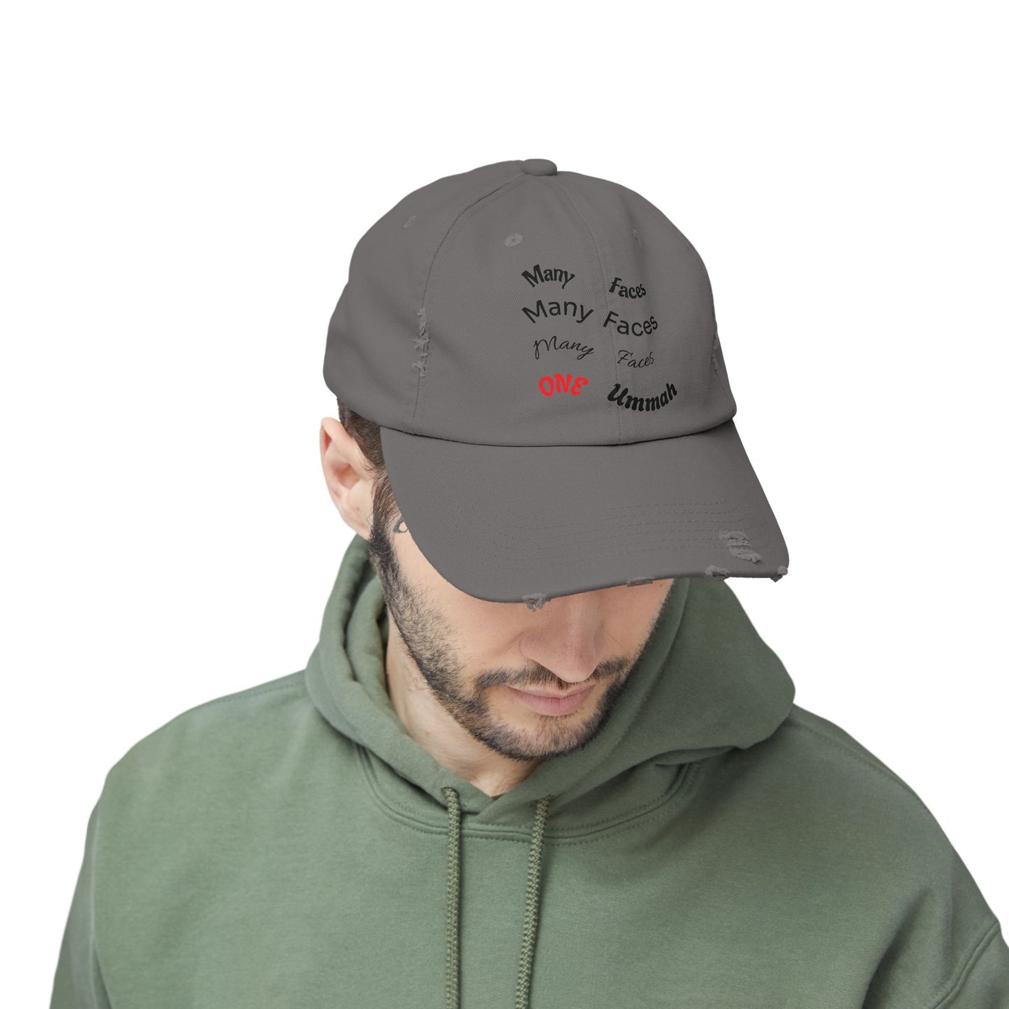 Unisex Distressed Cap with Inspirational Design - Many Faces, One Ummah