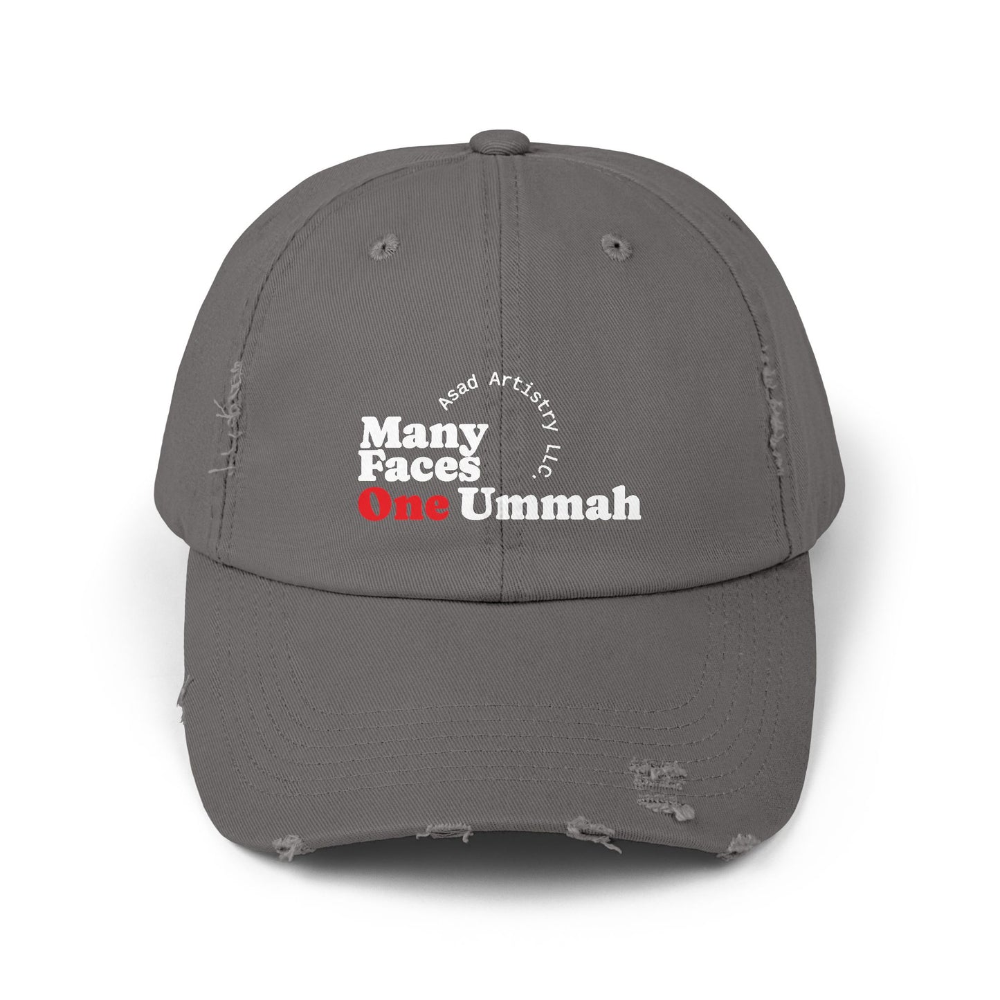 Unisex Distressed Cap with Inspirational Design - Many Faces One Ummah