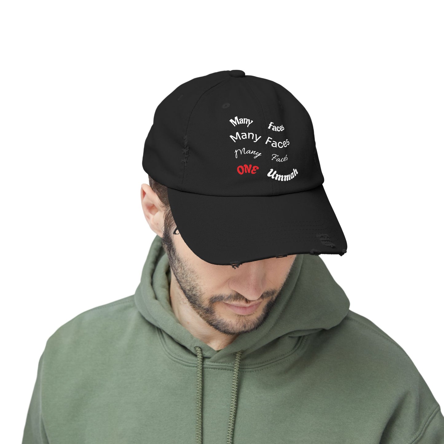 Unisex Distressed Cap with Inspirational Design - Many Faces, One Ummah