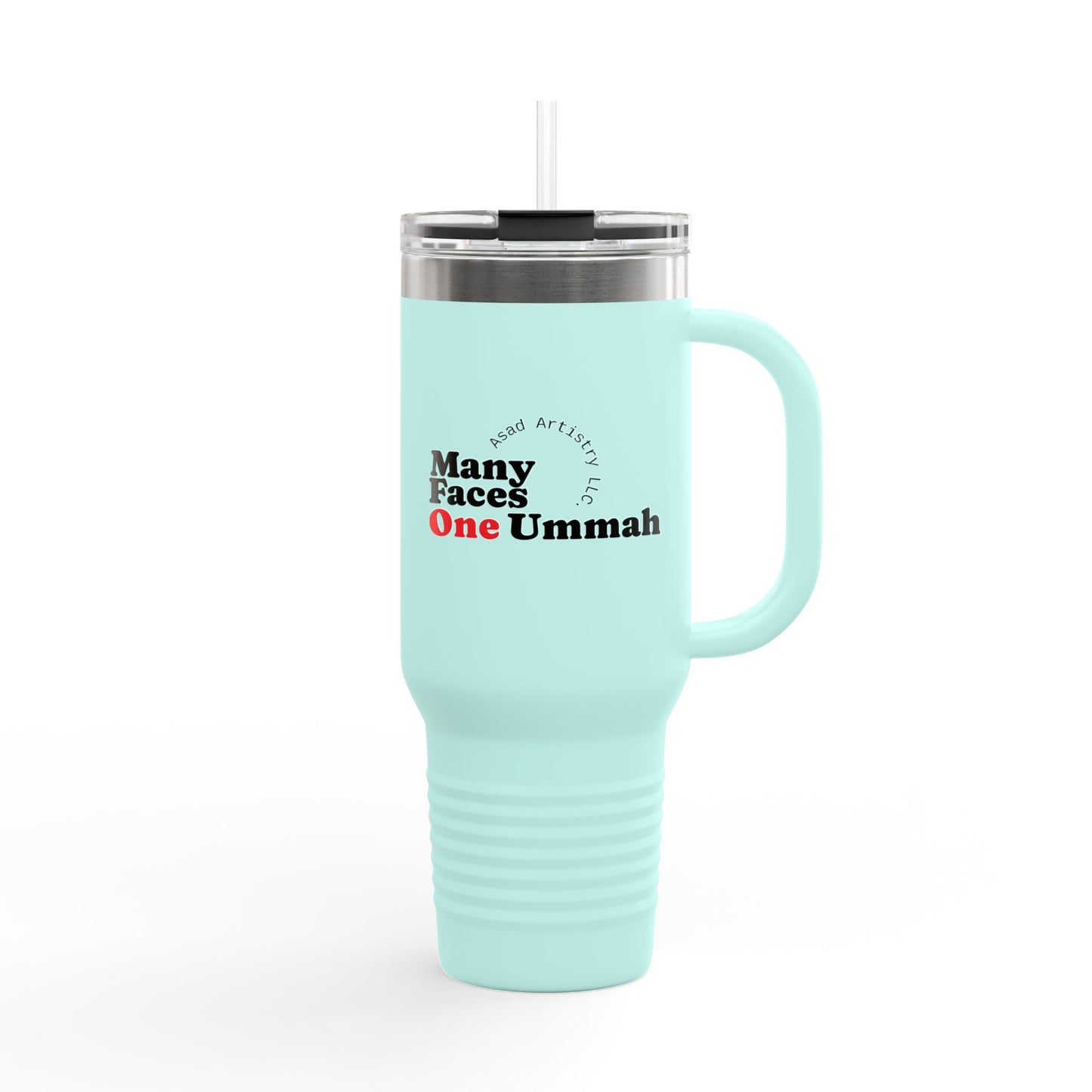 Many Faces One Ummah-Insulated Travel Mug w/blk letter