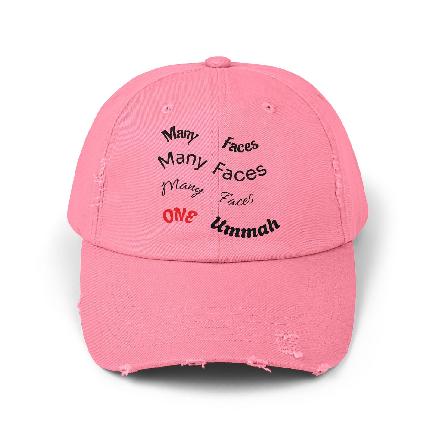 Unisex Distressed Cap with Inspirational Design - Many Faces, One Ummah