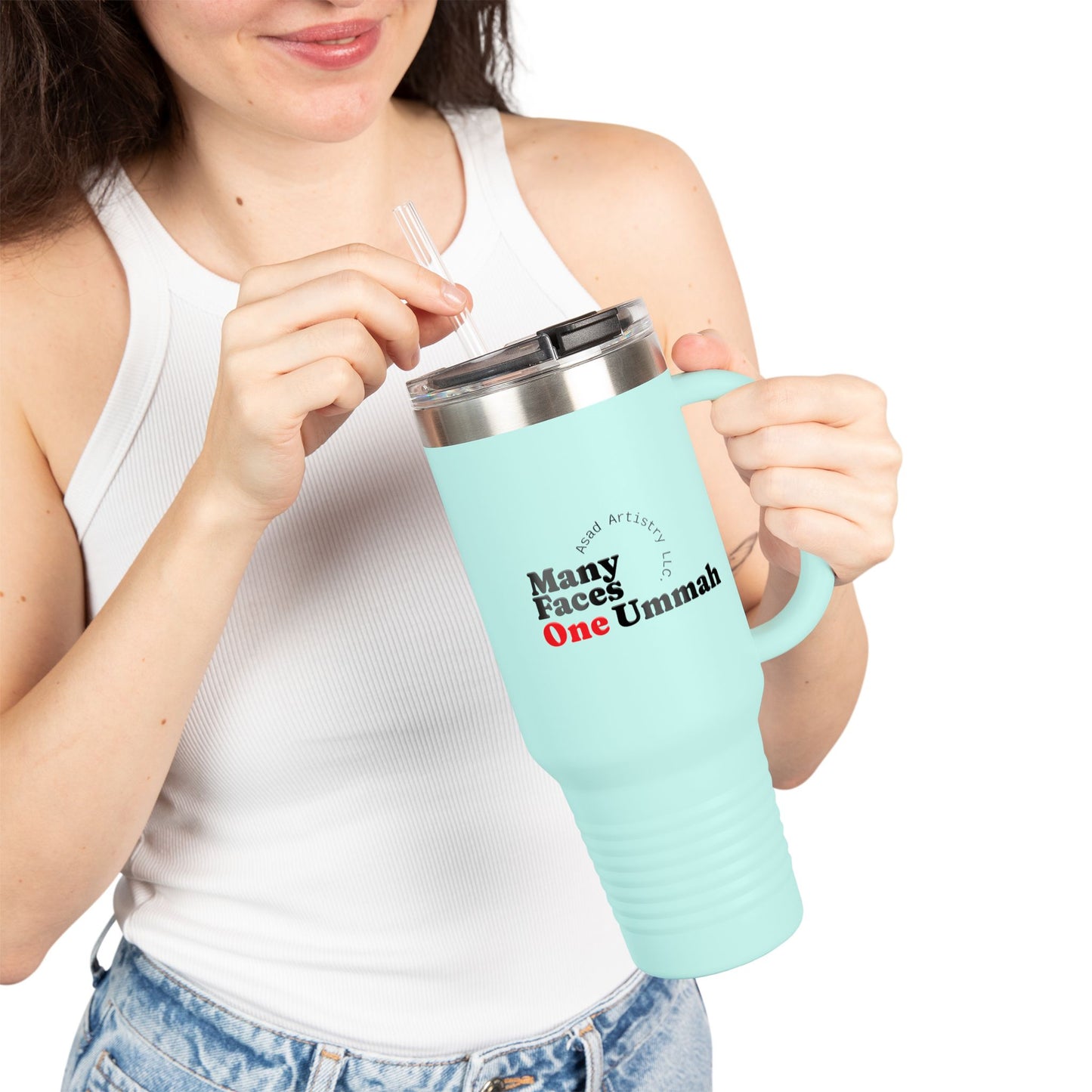 Many Faces One Ummah-Insulated Travel Mug w/blk letter