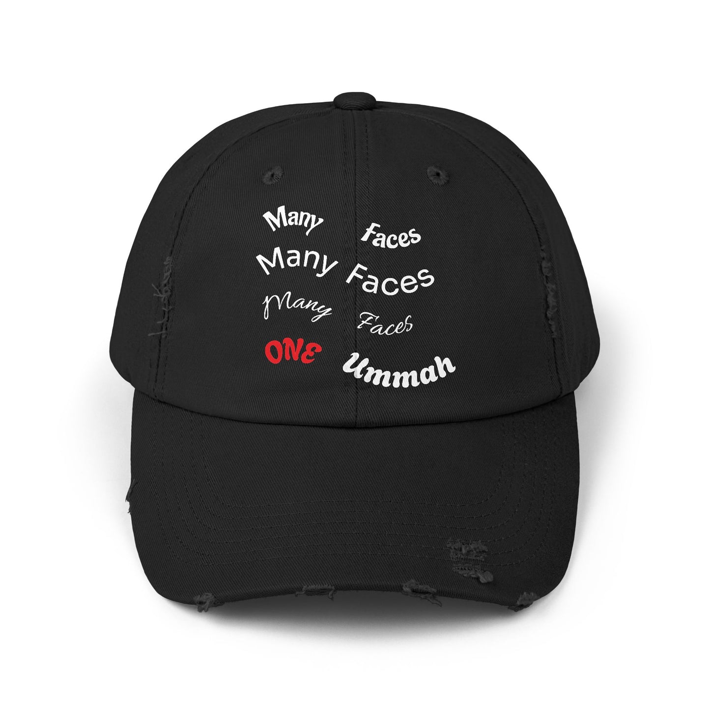 Unisex Distressed Cap with Inspirational Design - Many Faces, One Ummah