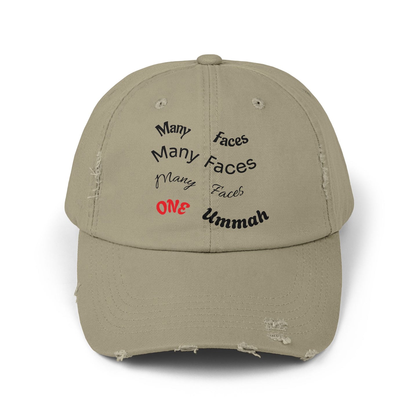 Unisex Distressed Cap with Inspirational Design - Many Faces, One Ummah