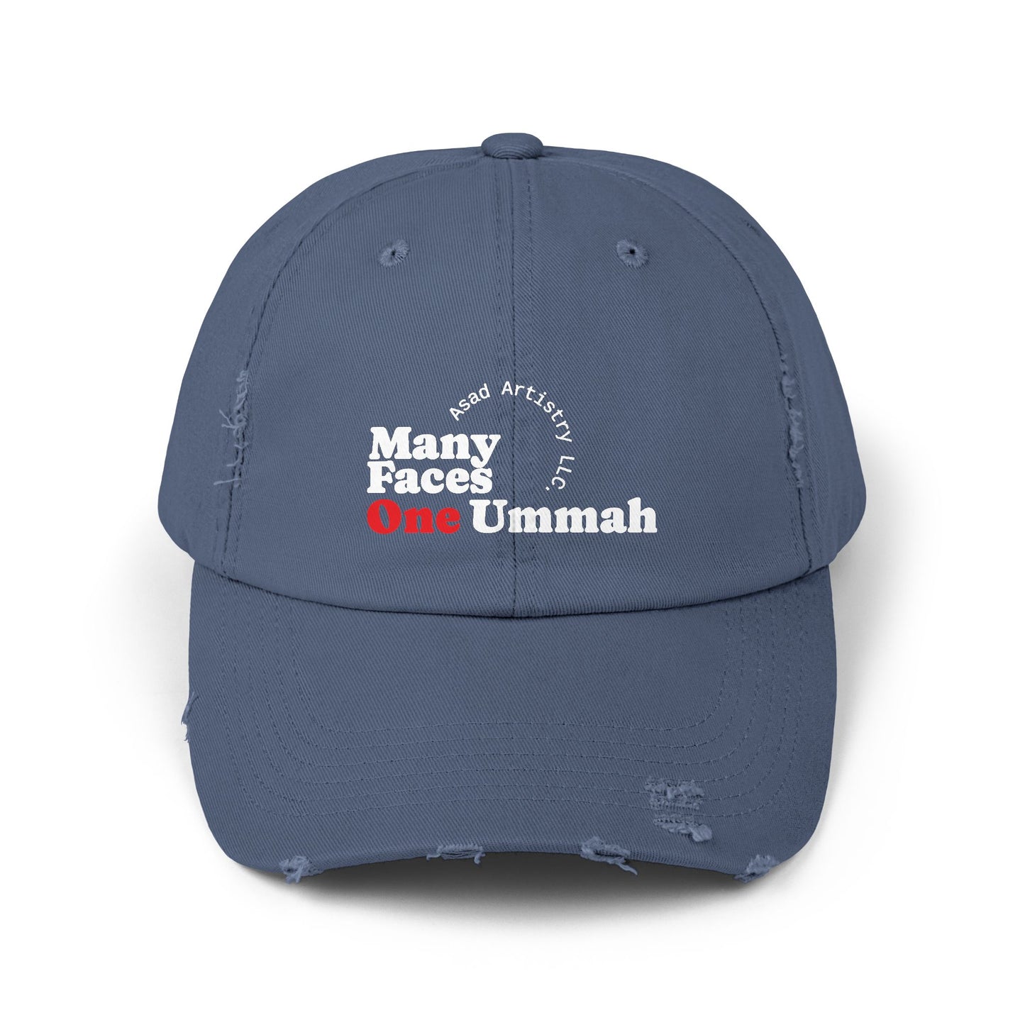 Unisex Distressed Cap with Inspirational Design - Many Faces One Ummah