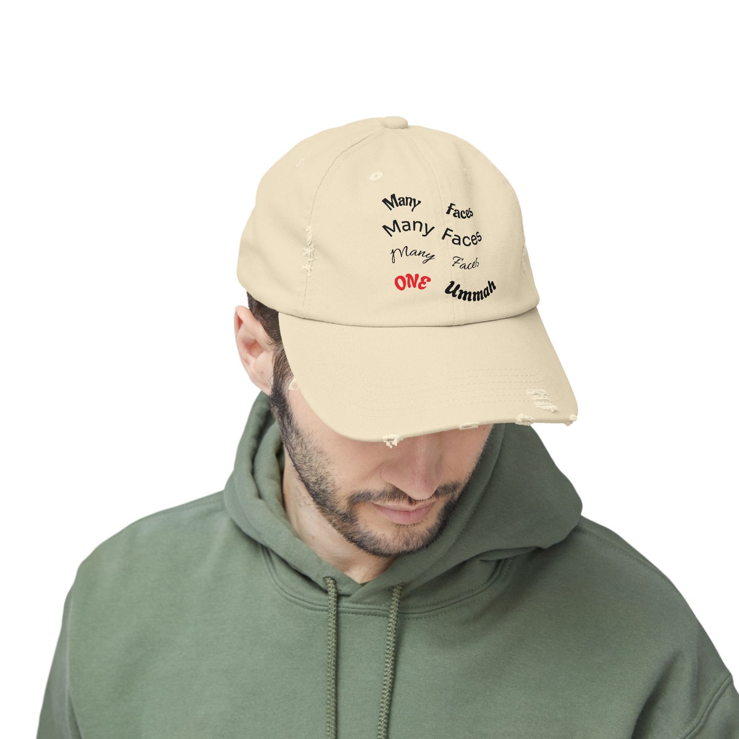 Unisex Distressed Cap with Inspirational Design - Many Faces, One Ummah