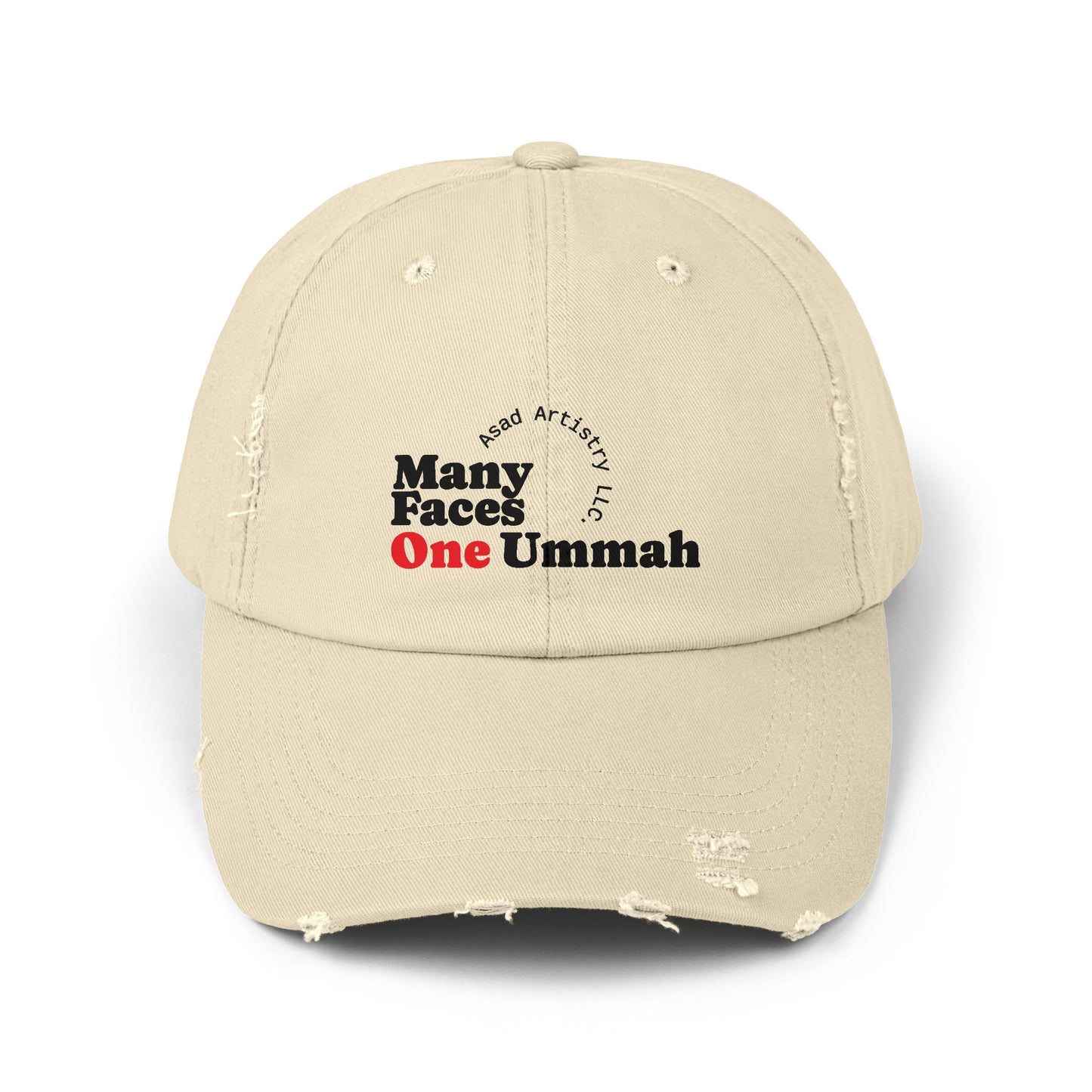 Unisex Distressed Cap with Inspirational Design - Many Faces One Ummah