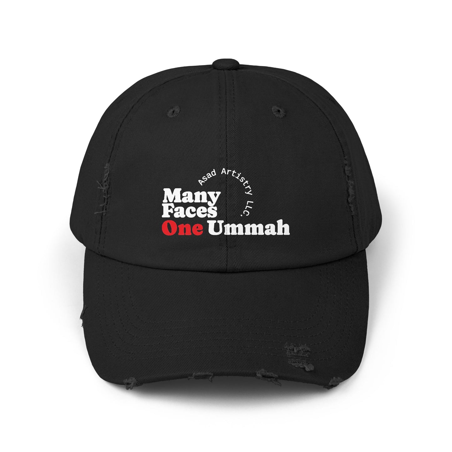 Unisex Distressed Cap with Inspirational Design - Many Faces One Ummah