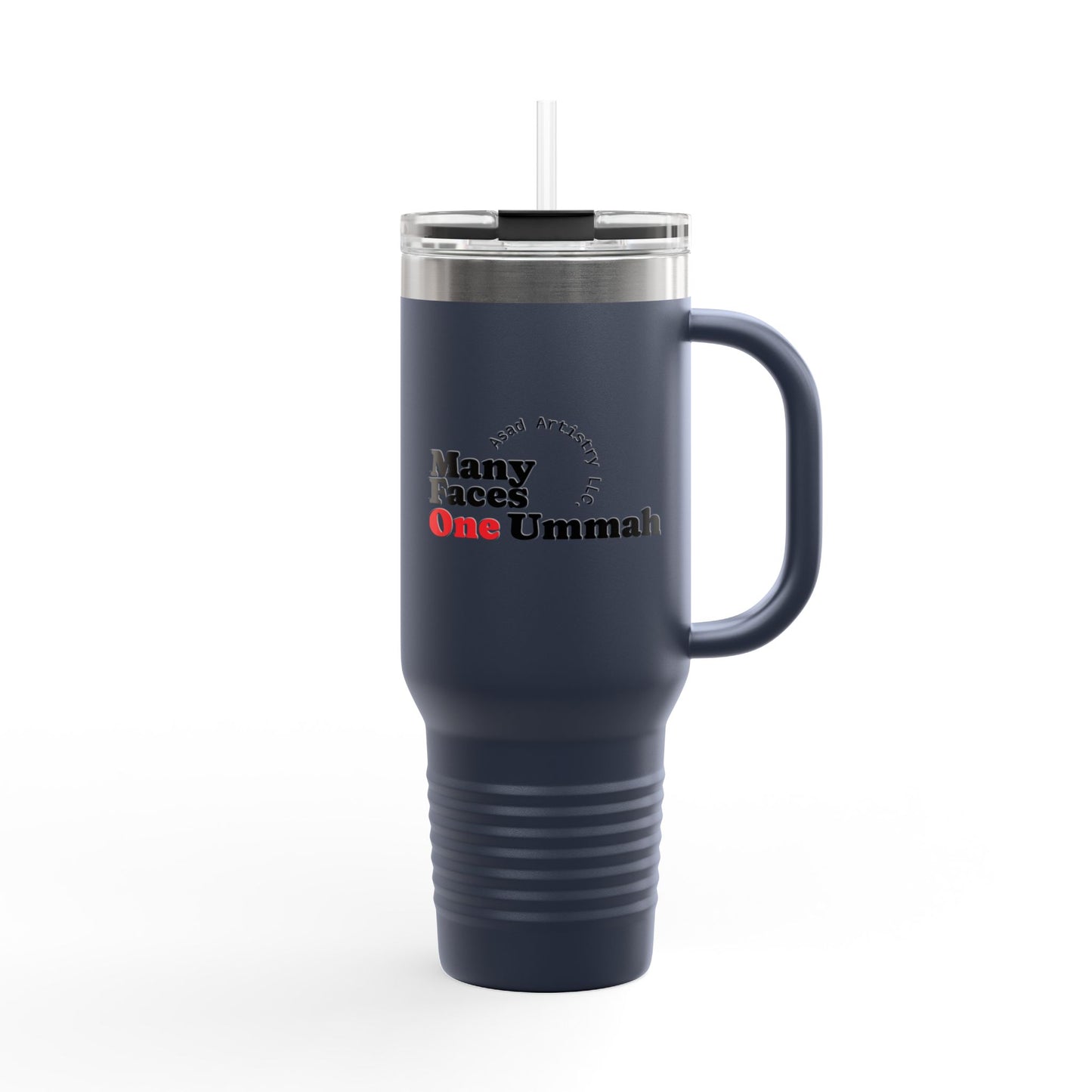Many Faces One Ummah-Insulated Travel Mug w/blk letter