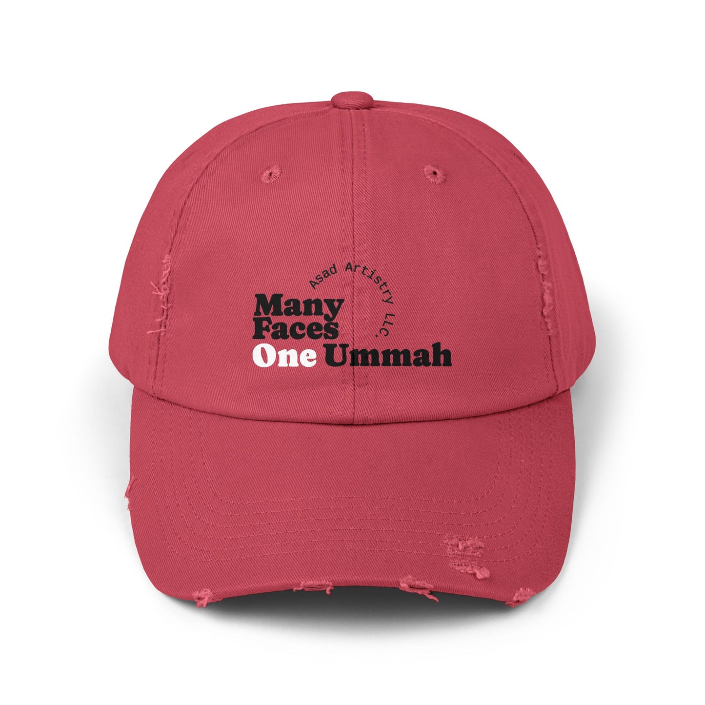 Unisex Distressed Cap with Inspirational Design - Many Faces One Ummah