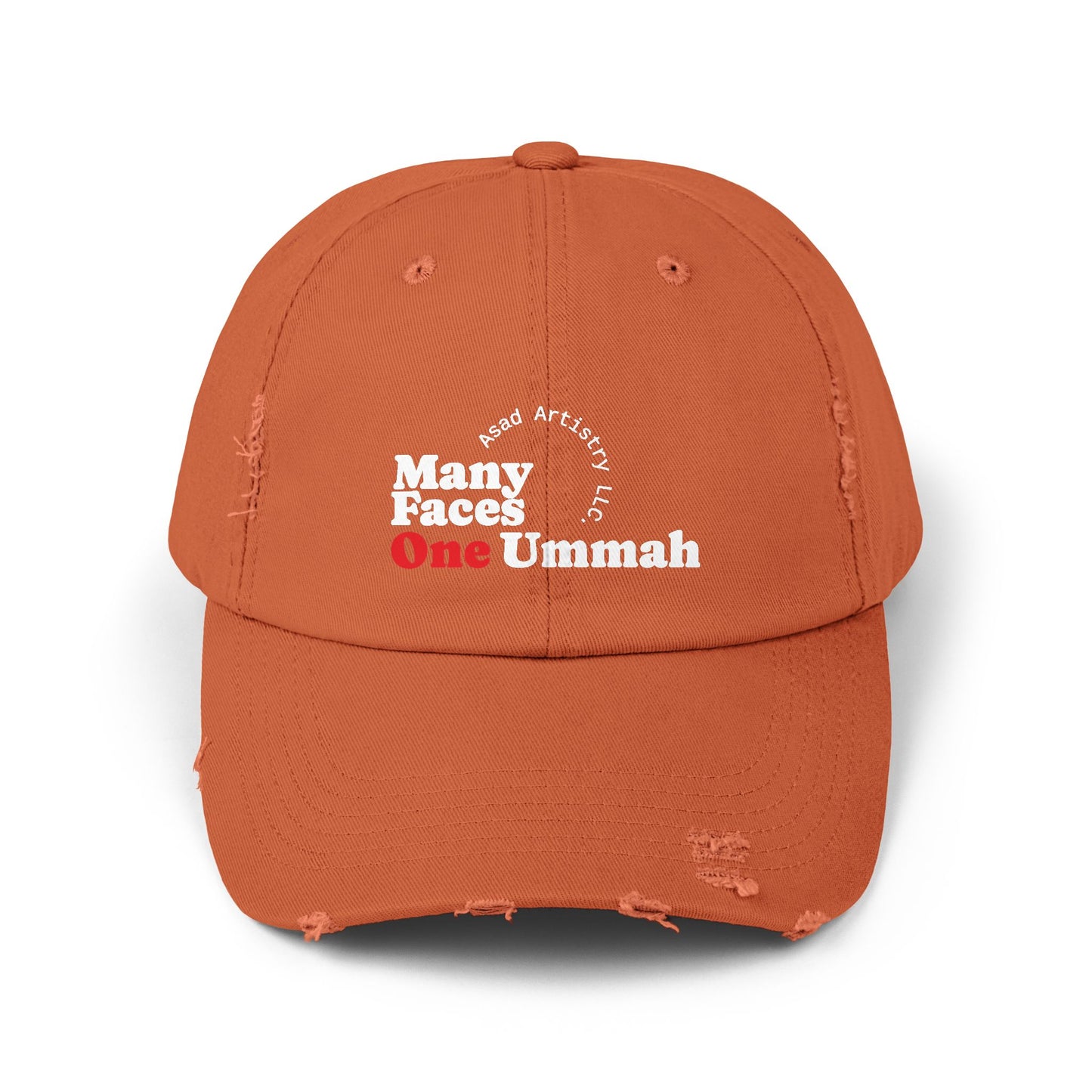 Unisex Distressed Cap with Inspirational Design - Many Faces One Ummah