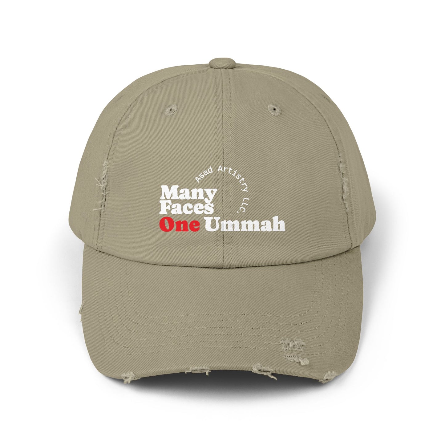 Unisex Distressed Cap with Inspirational Design - Many Faces One Ummah