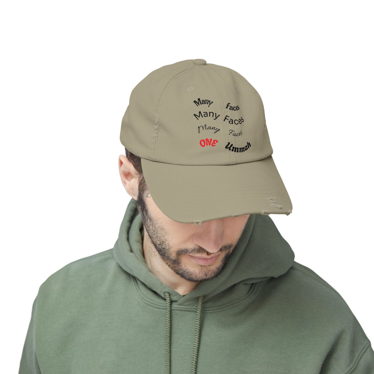 Unisex Distressed Cap with Inspirational Design - Many Faces, One Ummah