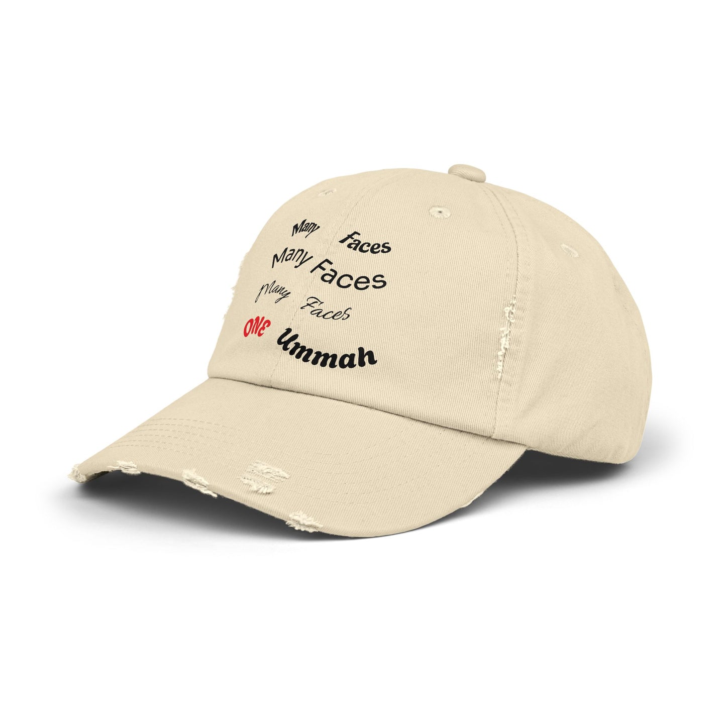 Unisex Distressed Cap with Inspirational Design - Many Faces, One Ummah
