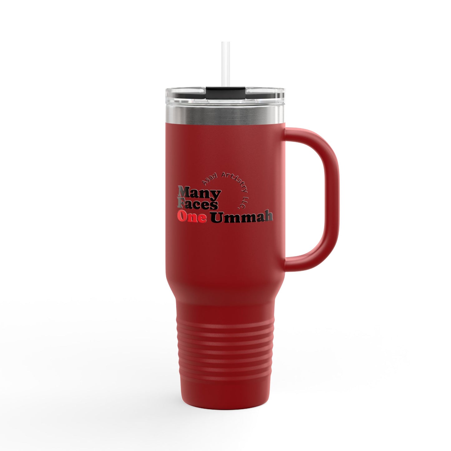 Many Faces One Ummah-Insulated Travel Mug w/blk letter