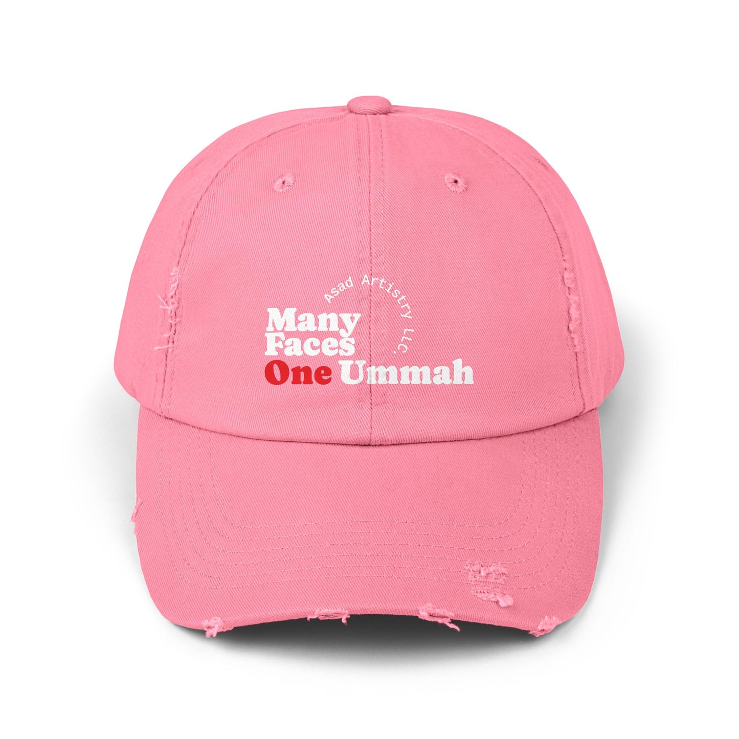 Unisex Distressed Cap with Inspirational Design - Many Faces One Ummah