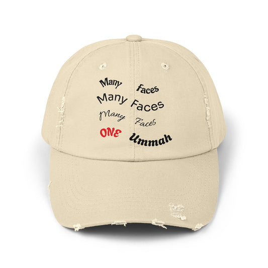 Unisex Distressed Cap with Inspirational Design - Many Faces, One Ummah