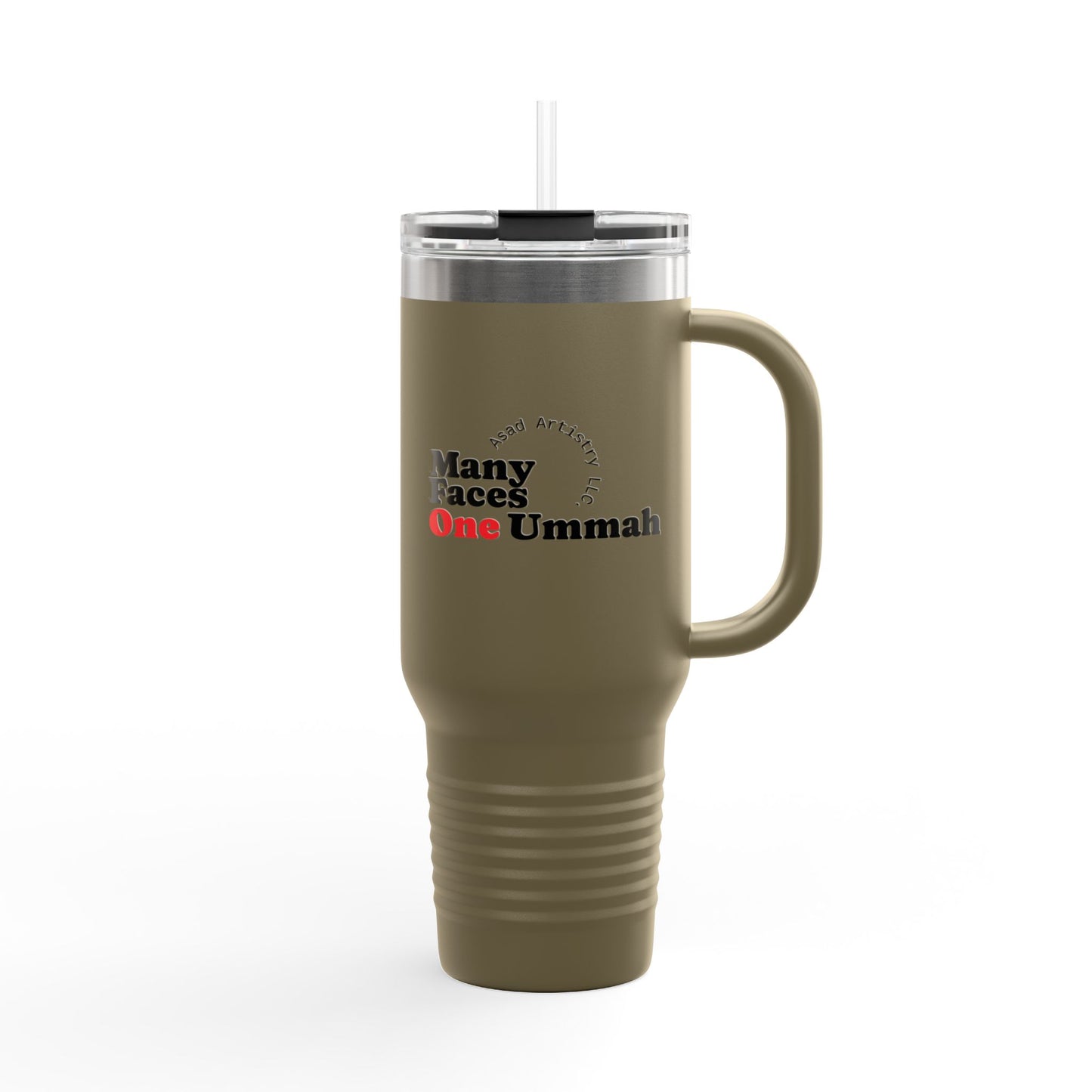 Many Faces One Ummah-Insulated Travel Mug w/blk letter